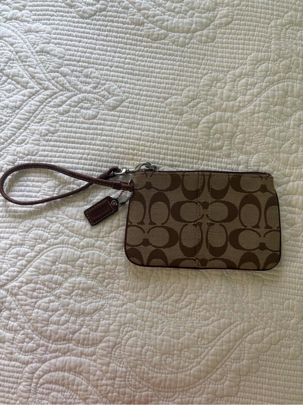 Coach Brown/Tan Signature Canvas Wristlet with Leather Strap